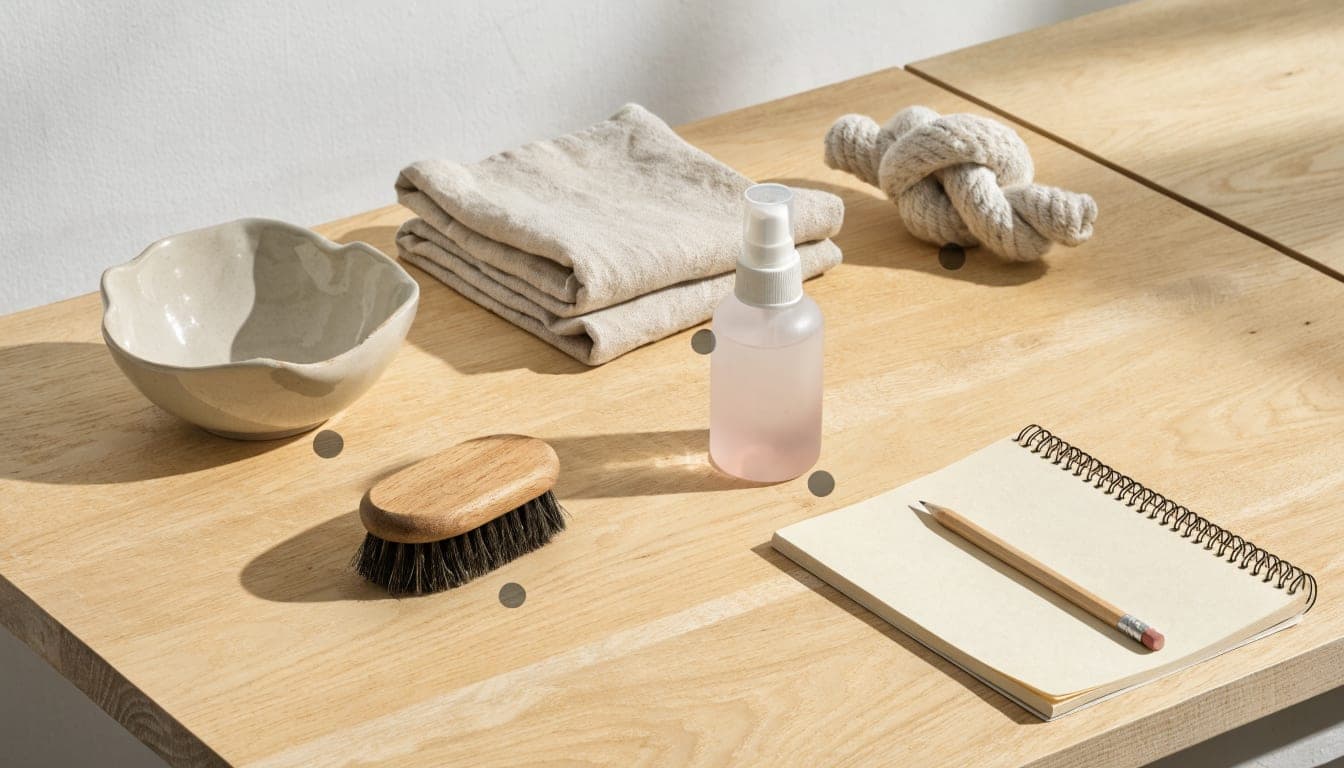 Household and pet products laid out on a workbench during testing