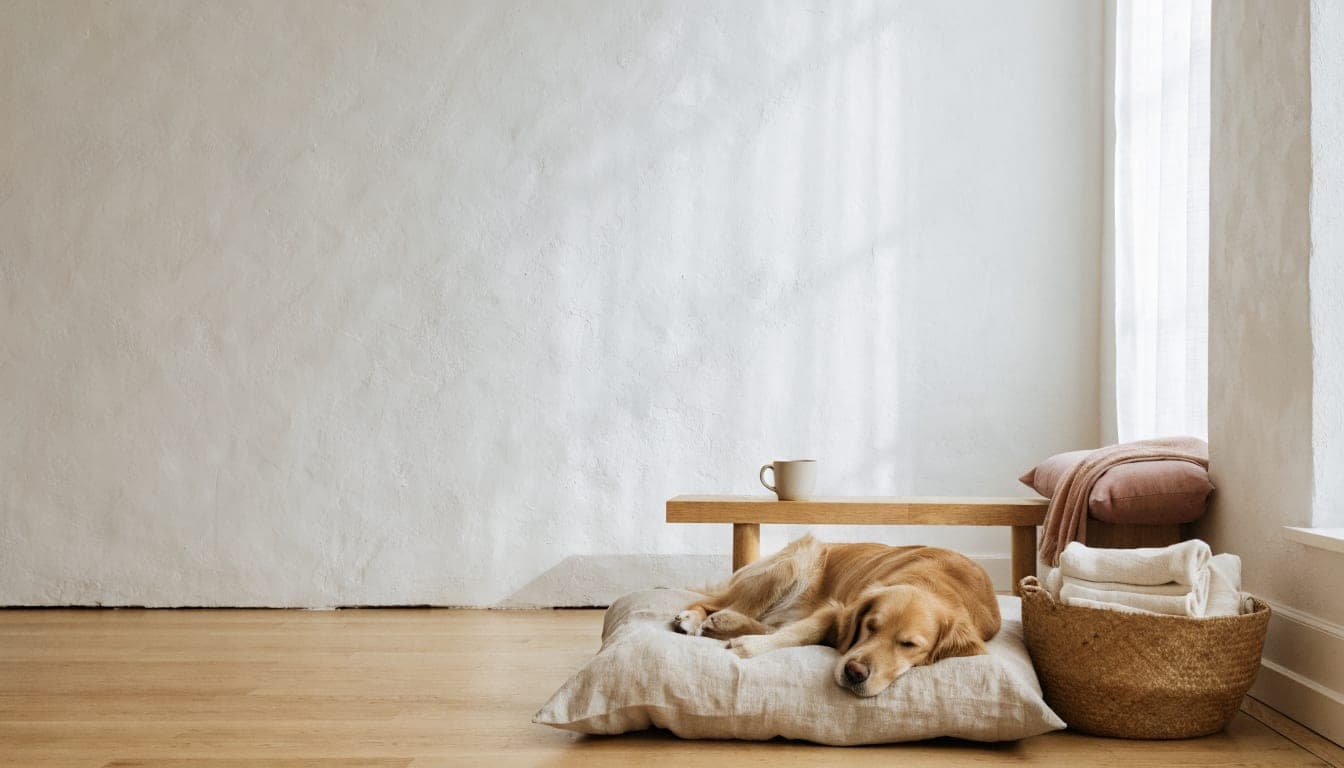 A dog asleep on a linen bed in a bright room, beside a basket of folded blankets and an oak bench