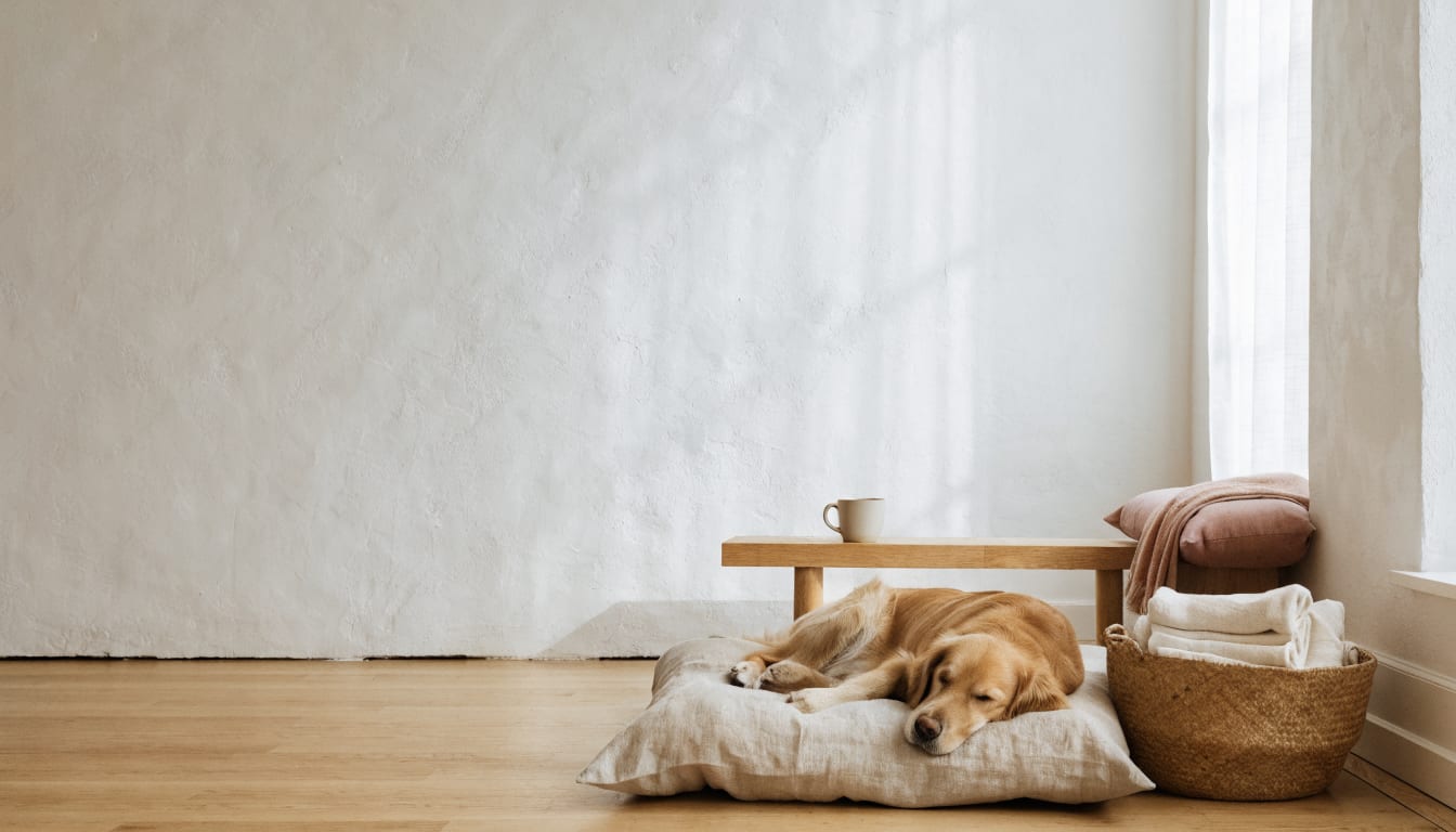 A living room with a dog bed set into the furniture rather than pushed against a wall